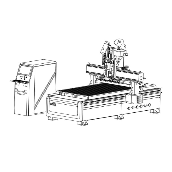 Diagram of an industrial CNC router machine with control panel, showcasing components and design for manufacturing precision.