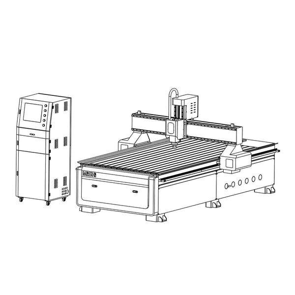 Illustration of a CNC machine with control unit, showcasing modern automated cutting and milling equipment.