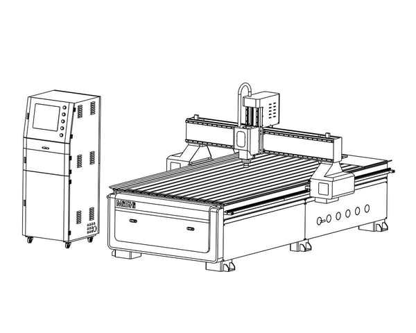 Illustration of a CNC machine with control unit, showcasing modern automated cutting and milling equipment.