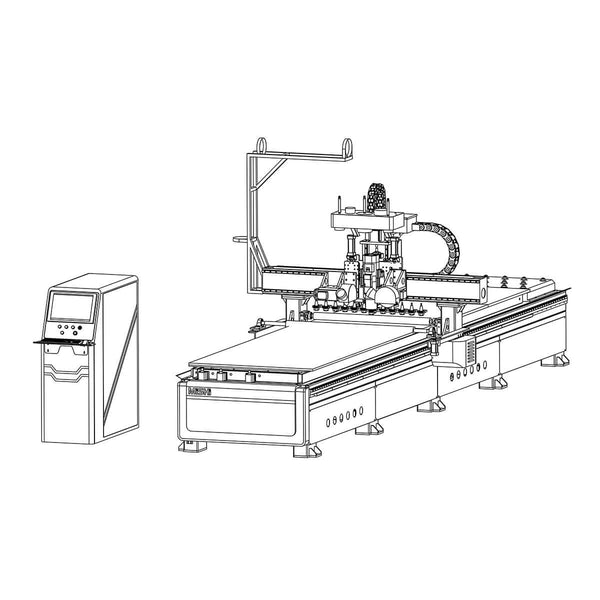 Technical drawing of a CNC router machine with control panel for industrial use.