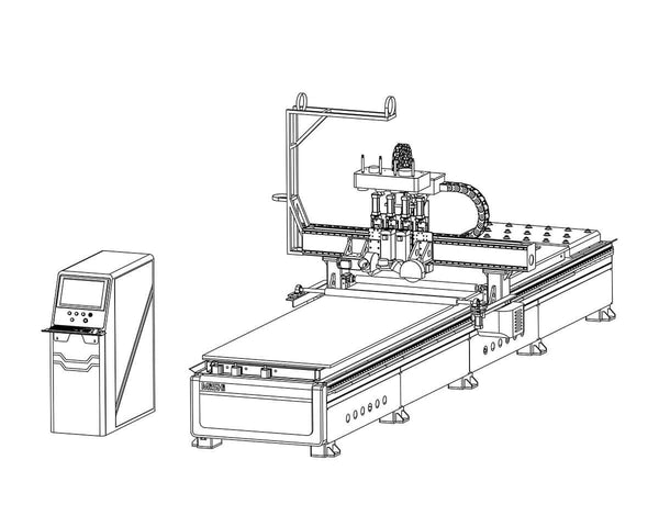 Technical drawing of a CNC machining center with control unit, showcasing industrial automation and precision engineering.