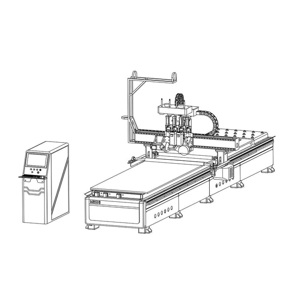 Technical drawing of a CNC machining center with control unit, showcasing industrial automation and precision engineering.