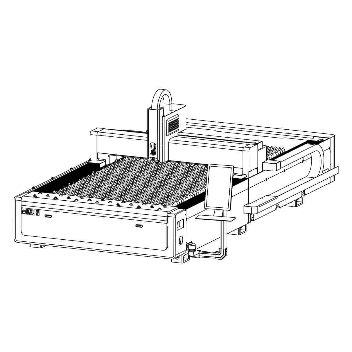 Technical illustration of a CNC laser cutting machine with a flatbed design, showcasing industrial equipment for precision cutting.