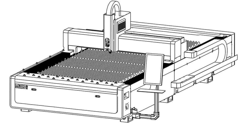 Technical illustration of a CNC laser cutting machine with a flatbed design, showcasing industrial equipment for precision cutting.