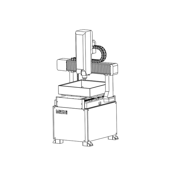 Illustration of a CNC milling machine in a technical drawing style, showcasing its components and design structure.