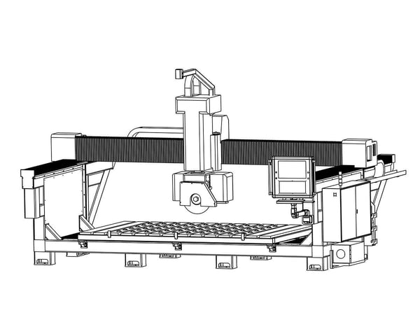 Technical illustration of a CNC milling machine, featuring detailed mechanical components and control panel.