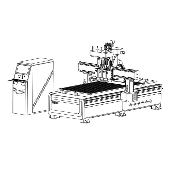 Illustration of a CNC drilling machine with control panel, featuring multiple spindles for precision manufacturing.