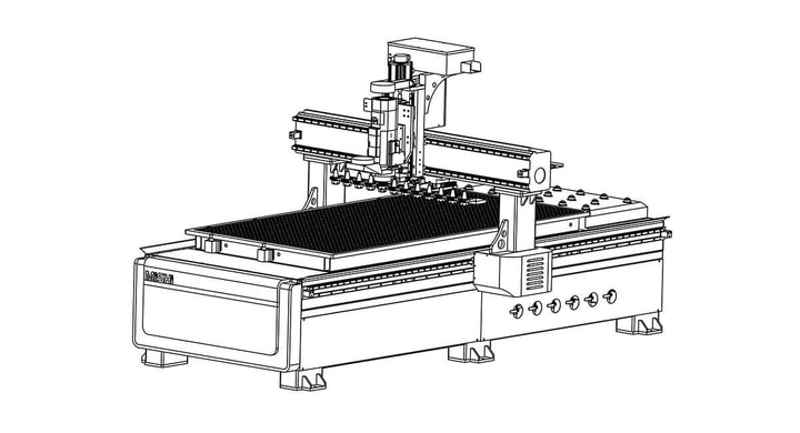 Illustration of a CNC machine with detailed components and structure, showcasing mechanical design and functionality.