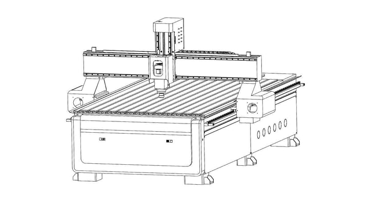 Technical drawing of a CNC machine with detailed components, showcasing design and functionality.