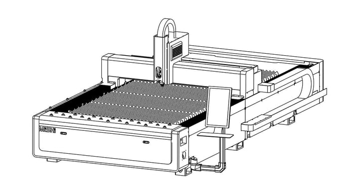 Technical illustration of an industrial CNC laser cutting machine, showcasing cutting technology and machinery design features.