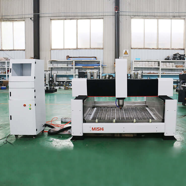 High-precision heavy duty stone CNC router for cutting and engraving various materials in a workshop setting.