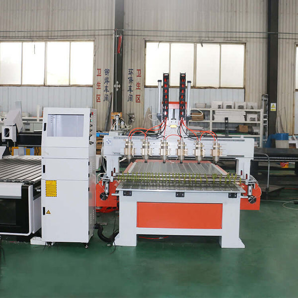 Precision Multi-Head 4-Axis CNC Router for 3D Woodworking in a workshop.