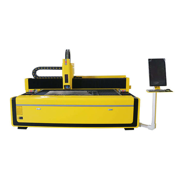 Industrial yellow laser cutting machine with digital display stand, used for precision metal fabrication in workshops.