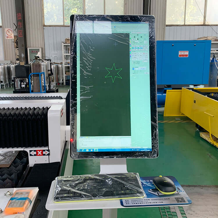 F3015 fiber laser cutting machine control panel displaying metal cutting design in industrial setting.