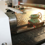 4 Axis ATC CNC Router showcasing woodworking capability, highlighting features for cutting, engraving, drilling, and grooving.