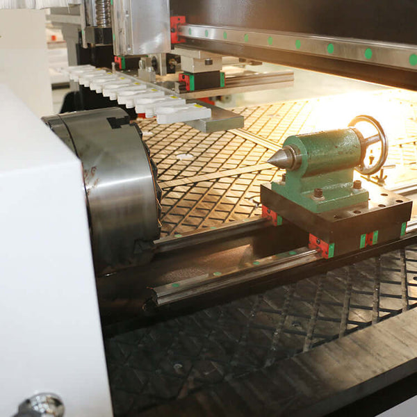 4 Axis ATC CNC Router showcasing woodworking capability, highlighting features for cutting, engraving, drilling, and grooving.