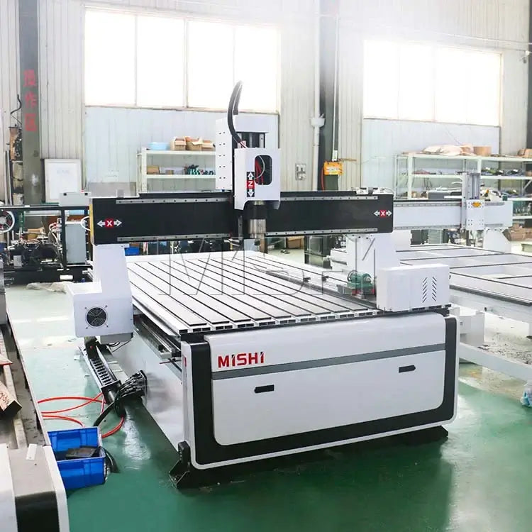 4 Axis CNC Router in a workshop, ideal for 3D woodworking and cylinder engraving. Suitable for MDF, plywood, and intricate designs.