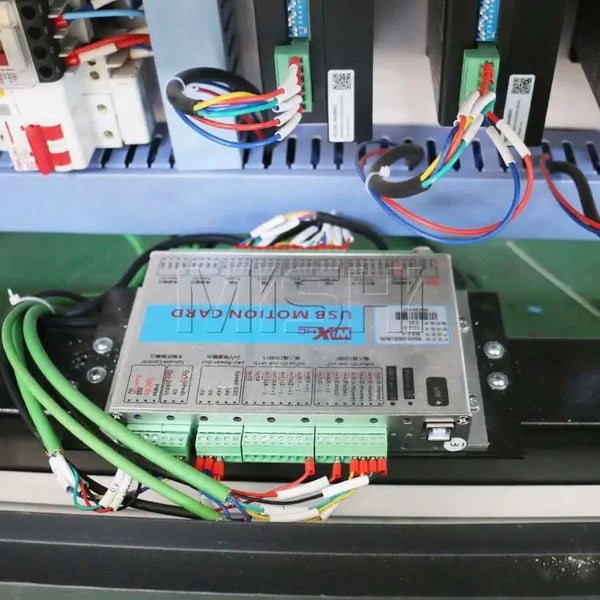 Close-up of control panel with wiring for a 4 Axis CNC Router, essential for precise 2D and 3D woodworking and engraving tasks.