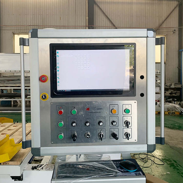 Control panel of a Precision 5-Axis Bridge Saw Machine with digital display and buttons for stone kitchen countertop cutting.