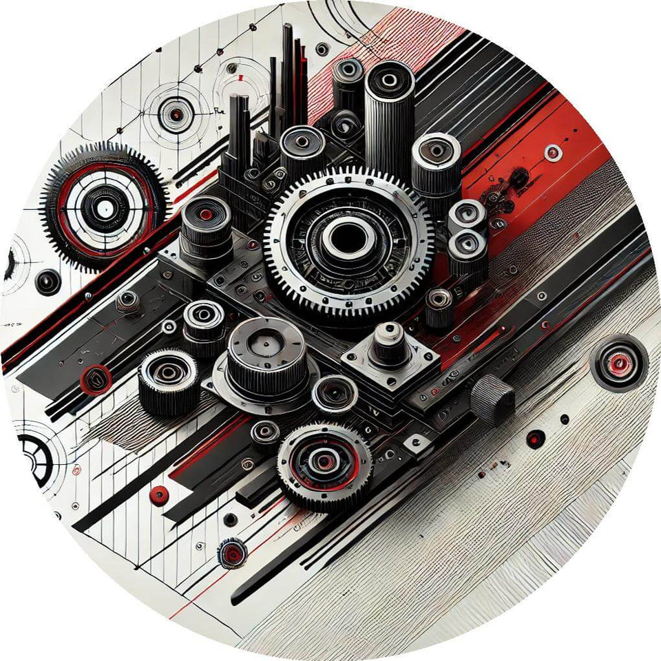 Futuristic abstract design with gears and circuitry in red, black, and white colors, symbolizing innovation and technology.