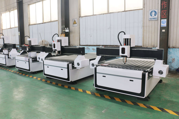 Row of CNC wood engraving machines in a workshop, essential for woodworking and furniture manufacturing efficiency.