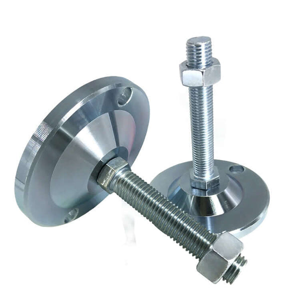 Adjustable frame feet with metal components, ideal for leveling and stabilizing structures.