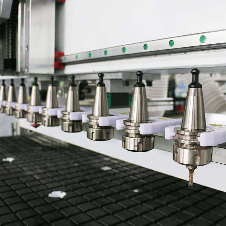 Close-up of CNC machine tool holders in a row, highlighting precision engineering and advanced manufacturing technology.