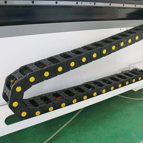 Close-up view of high-performance ATC CNC router cable chain for furniture and cabinet making applications