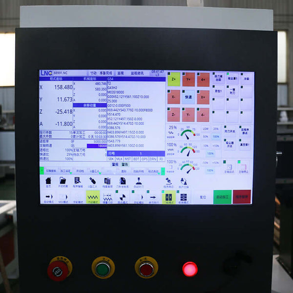 Close-up of 4 Axis ATC CNC Router control panel with display screen and operating controls for precision woodworking tasks.