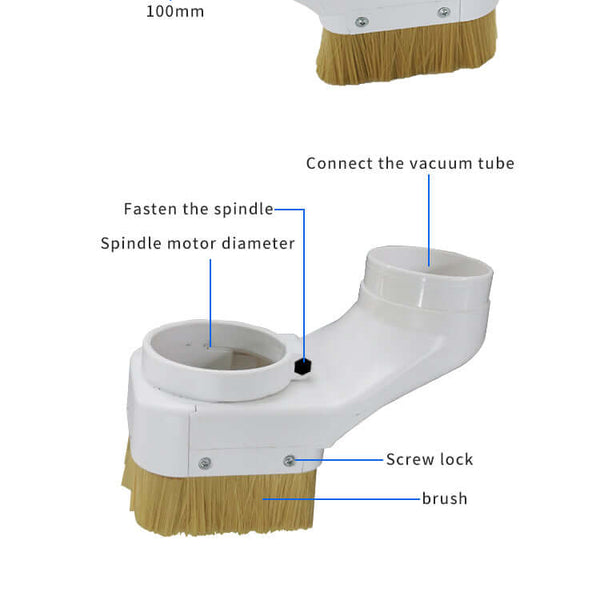 CNC dust hood with dimensions and instructions for installation, featuring a brush for dust collection in woodworking and milling machines.