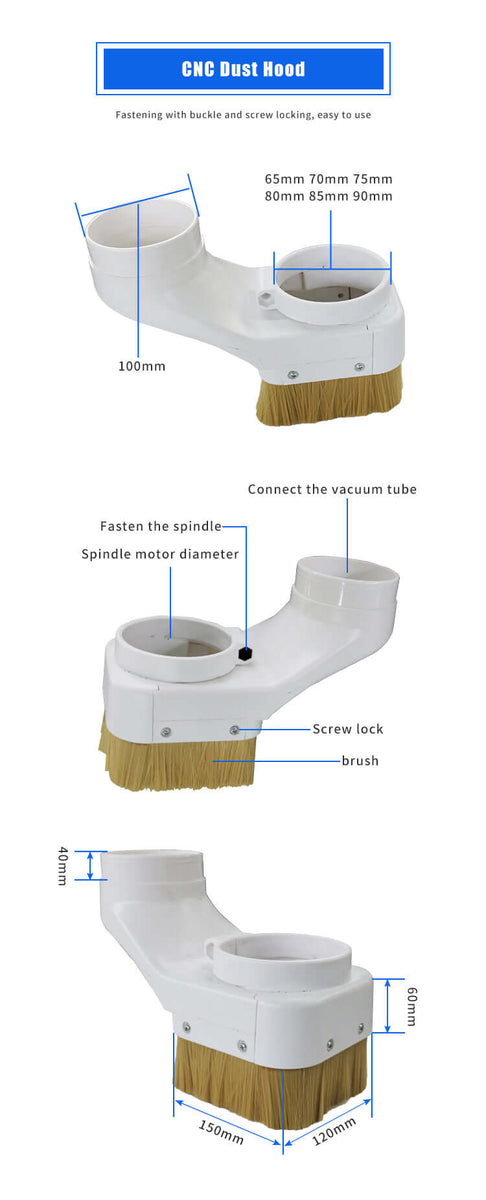 CNC dust hood with dimensions and instructions for installation, featuring a brush for dust collection in woodworking and milling machines.