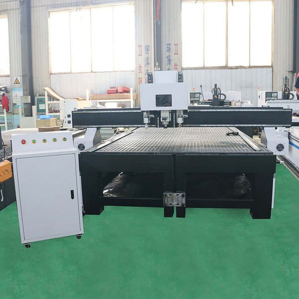 CNC Router with Oscillating Knife for efficient cutting of wood, fabric, and rubber, showcasing industrial workshop setting.