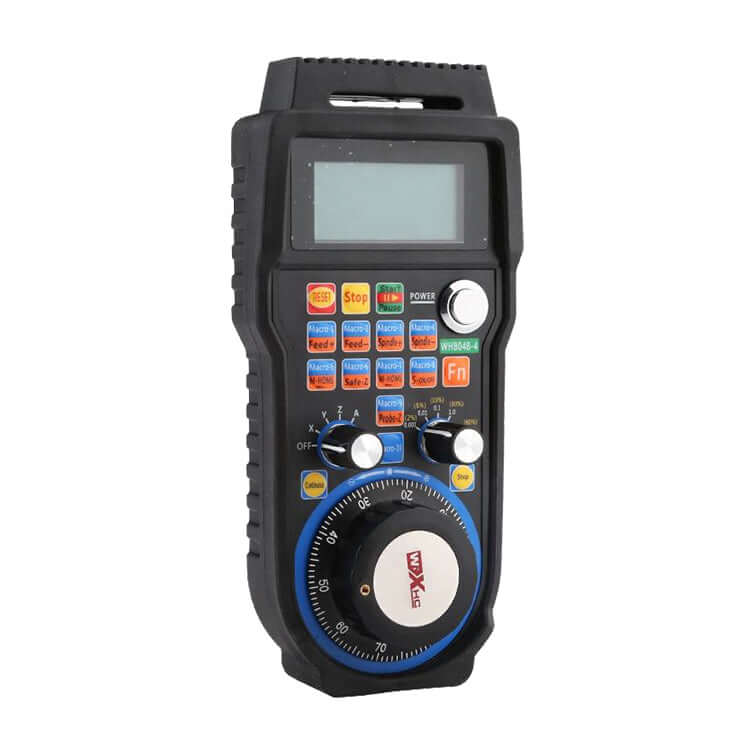 Handheld MACH 3 CNC controller with LCD screen and multiple buttons for precise machine operation.