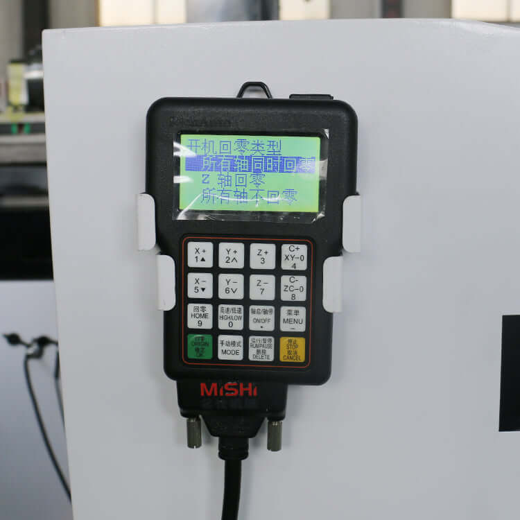 Handheld controller for Precision 4 Axis Mini CNC Router, displaying interface for easy operation of 2D and 3D carving functions.