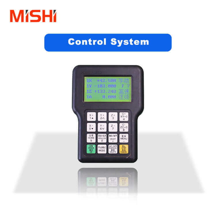 Control system remote with LCD screen and keypad by MISHI. Industrial automation interface.