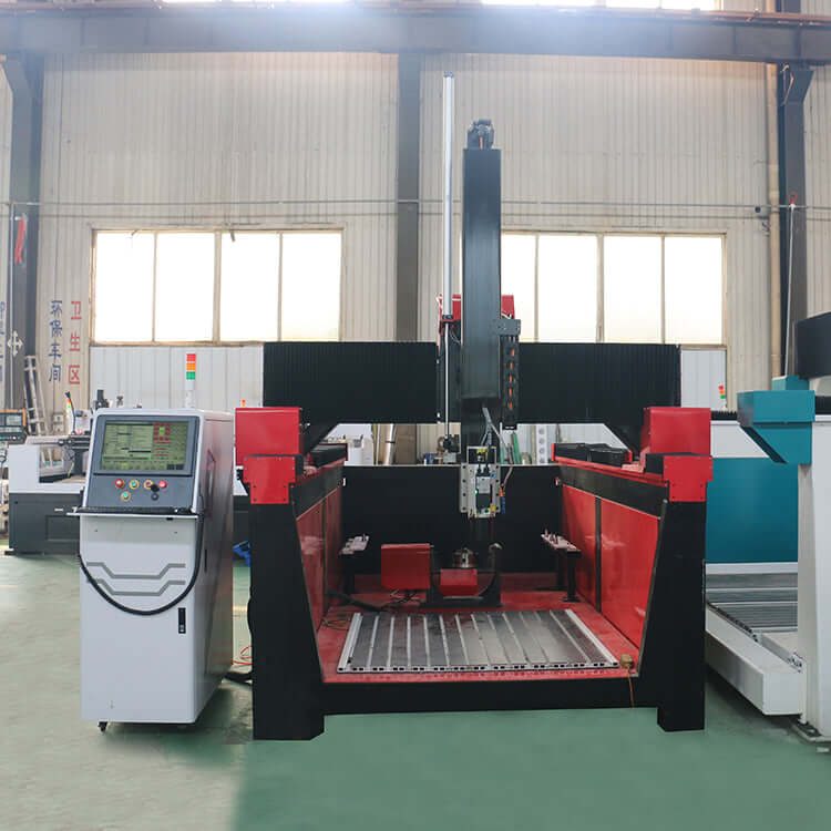 Industrial 5 Axis CNC Router in warehouse, featuring red and black design with control panel, ideal for customized machining.