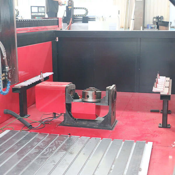 5 Axis CNC Router with customized features in a workshop setting, showcasing precision engineering and modern design.