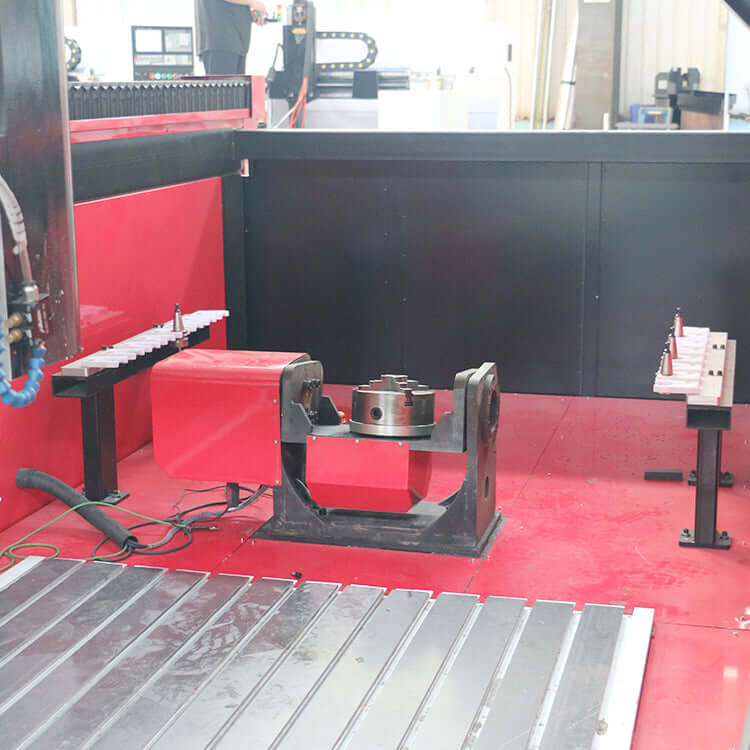 5 Axis CNC Router with customized features in a workshop setting, showcasing precision engineering and modern design.
