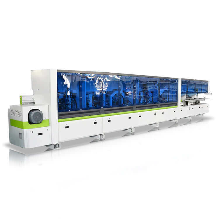 Edge banding machine with transparent blue covers, designed for woodworking efficiency in furniture manufacturing.