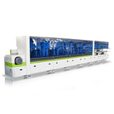Edge banding machine with transparent blue covers, designed for woodworking efficiency in furniture manufacturing.