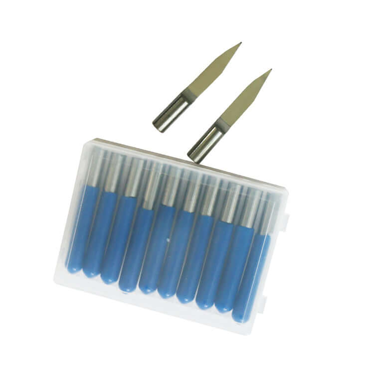 Set of high-precision flat bottom end mills with protective blue coverings displayed in a transparent case for efficient cutting.