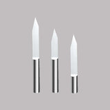Set of three high-precision flat bottom end mills for cutting metal and wood with sharp edges.