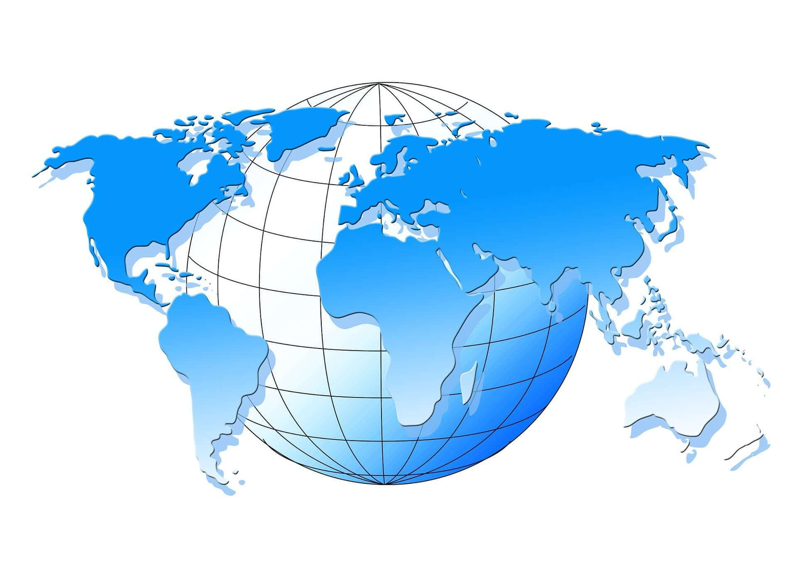 Blue and white 3D globe illustration showing world map with continents.