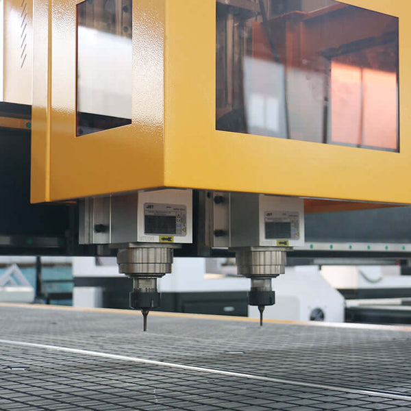 High-efficiency multi-head ATC CNC router for wood furniture, featuring dual spindle systems for efficient cutting and milling processes.