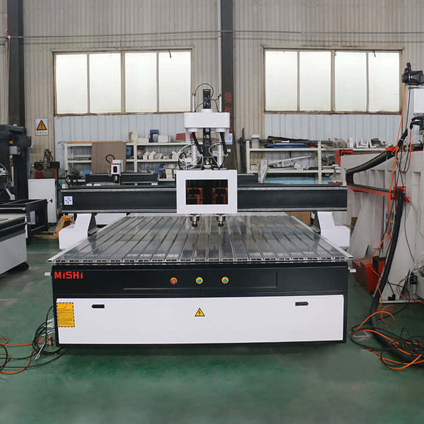 High-efficiency double-process ATC CNC router for wood furniture in workshop setting.