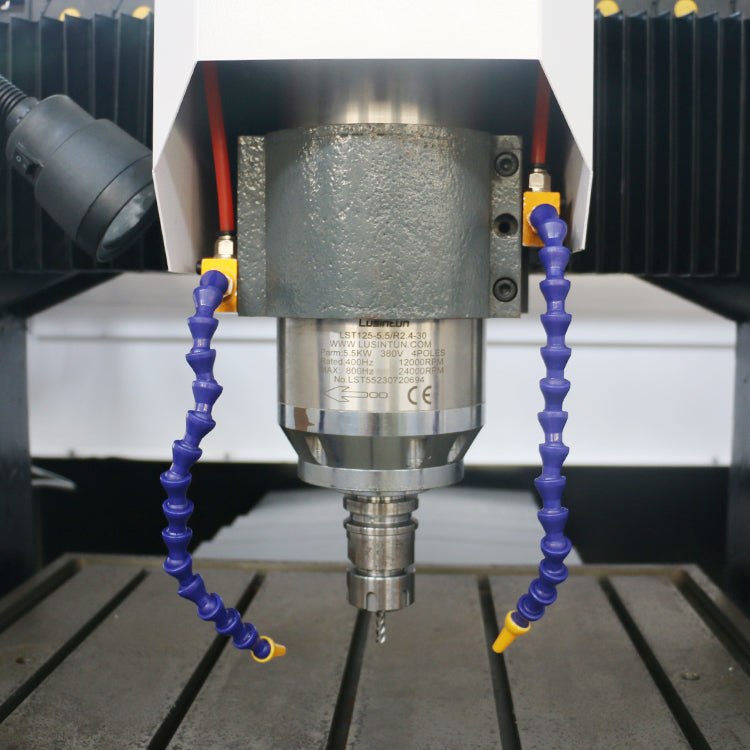 Close-up of Mini ATC CNC Router spindle with disc tool changer, showcasing high precision engineering and robust construction.