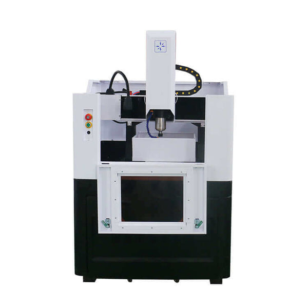 Compact CNC milling machine with black and white design, featuring control panel and spindle, ideal for precision manufacturing.