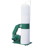 Dust collector machine with green base and white filter bag, used for woodworking and dust extraction in workshops and factories.