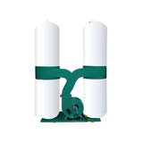Industrial dust collector with dual filters and green base shown on white background, ideal for woodworking and industrial applications.