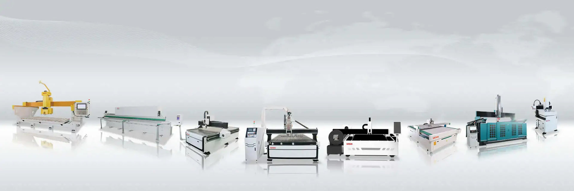  Various industrial machinery and equipment aligned against a light background, showcasing diverse manufacturing tools.